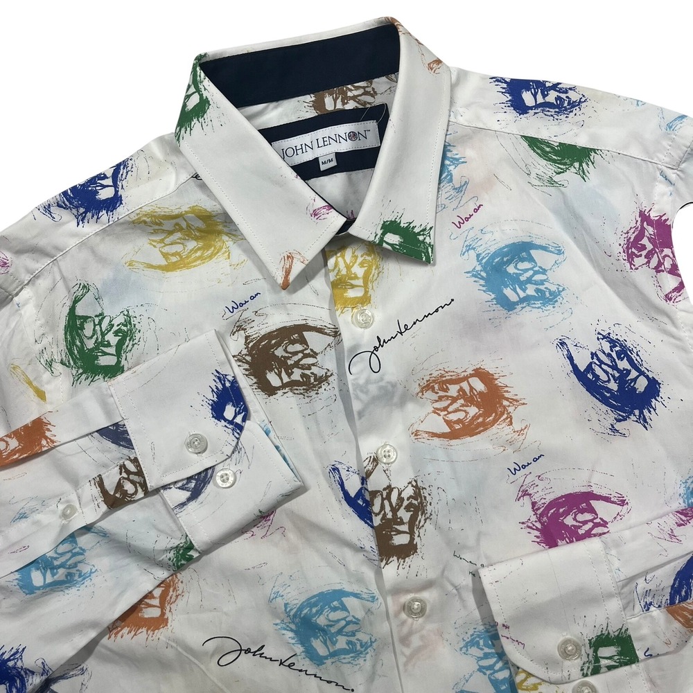 John Lennon Button Down Shirt Mens Medium White Multi Graphic Print Art Rock